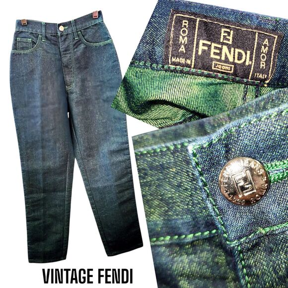 FENDI ROMA AMOR NWOT! 28 Vtg Italy Contrast Green Stitch Embroidered Logo Jeans - Picture 1 of 16